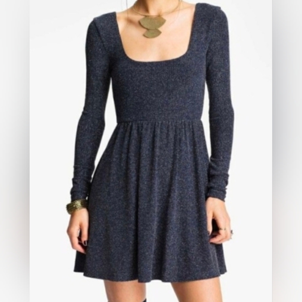 Free People Metallic Navy Long Sleeve Skater Dress Size Medium